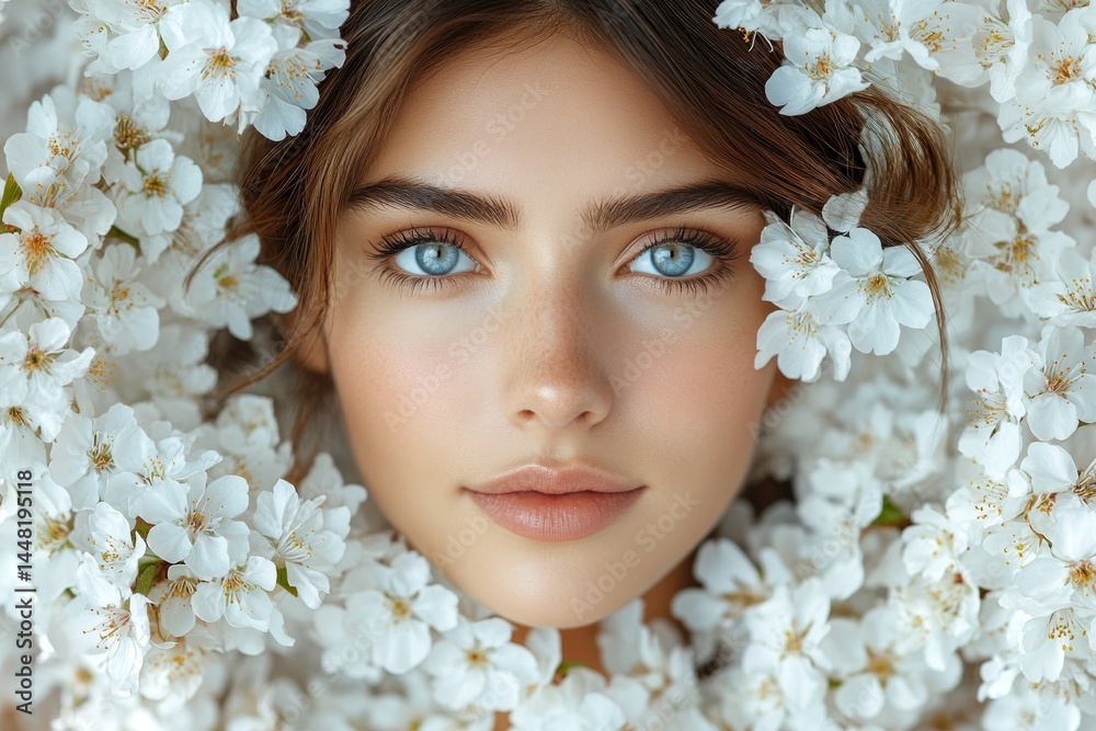 Lovely asian young woman surrounded by cherry blossoms. Commercial ad campaign creative pattern idea. Spring mood, golden hour in sunset. Commercial spring vibe with woman in flowers.
