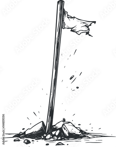 Black and white sketch of a weathered flag on a tall pole standing among rocks on the ground