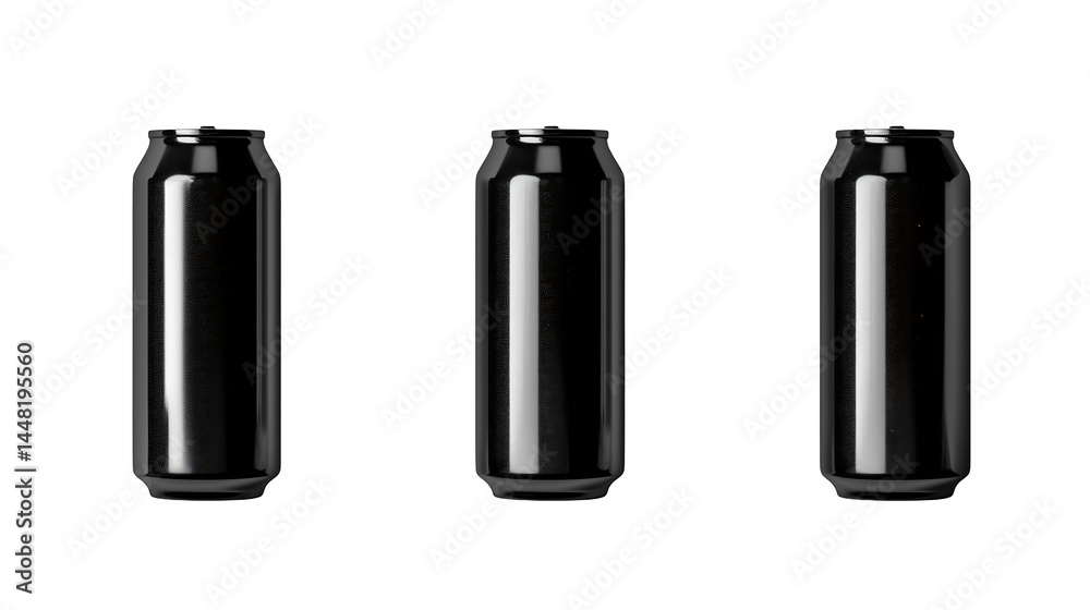 Three sleek black aluminum cans standing in a row against a stark black background studio shot Three sleek black aluminum cans standing in a row against a stark black background studio shot