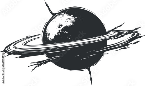 Black and white illustration of a planet with rings and cosmic cracks in space.