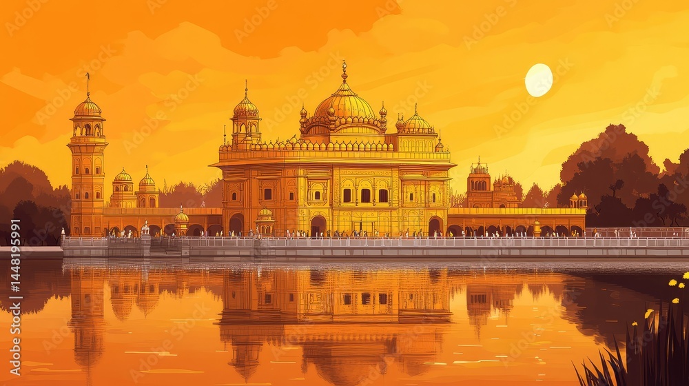 Fototapeta premium Sunset backdrop illustration of the Golden Temple with intricate architectural details