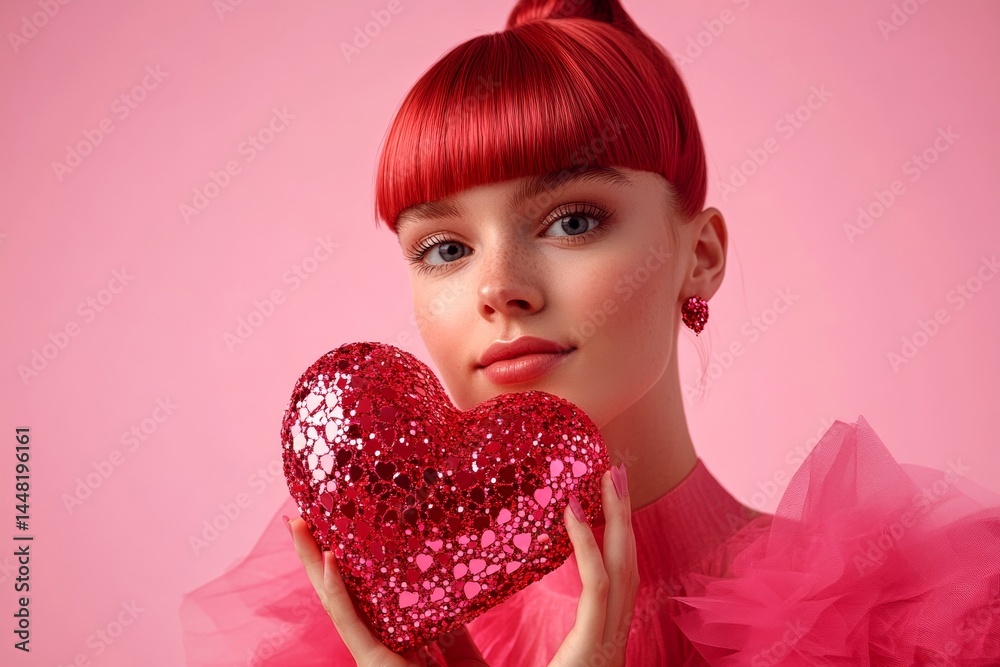 Cute Valentine's Day greeting. Isolated white young woman on pink background with sparkling rhinestones heart in hands. Professional studio visual, copy space.