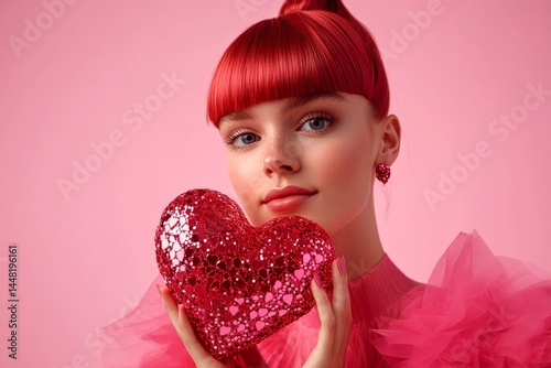 Obraz na płótnie Cute Valentine's Day greeting. Isolated white young woman on pink background with sparkling rhinestones heart in hands. Professional studio visual, copy space. w salonie