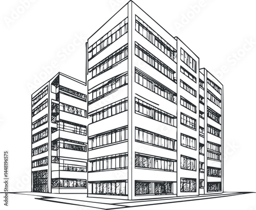 Black and white sketch of a modern commercial office building with multiple floors and windows from a corner perspective.