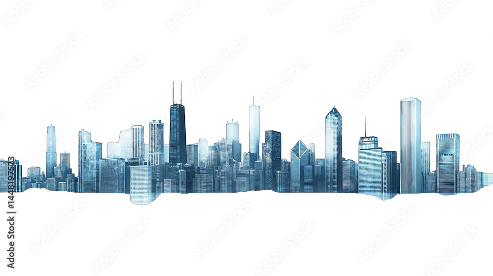Fototapeta premium A panoramic view of a modern city skyline showcasing towering skyscrapers under a clear blue sky. with vibrant urban life visible in the background. ideal for architectural and travel themes