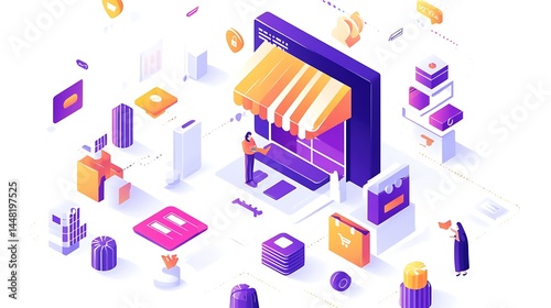Online Shopping Concept with Isometric Store and People Interacting Digitally