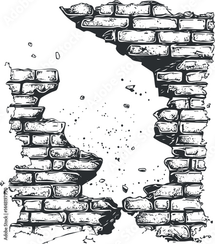 Black and white illustration of a broken brick wall with a large hole and scattered debris