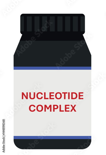 Quantum Nucleotide Complex capsules in black bottle isolated on white background. Immune Support Supplement with Organic Nucleotides Beta Glucans. Natural Energy Supplement. Plant Based Capsules.