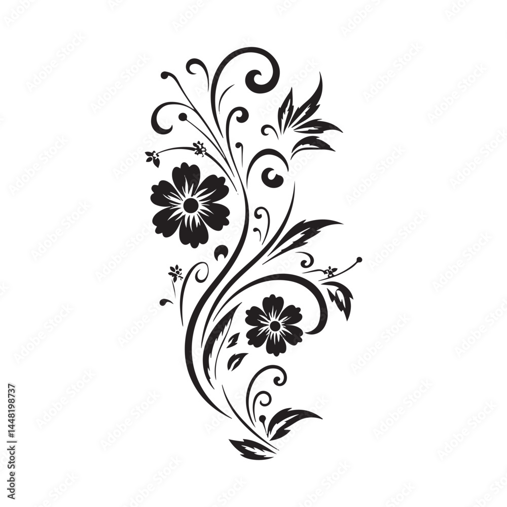 Black and white silhouette of a floral design with intricate swirling patterns, ideal for home decor.