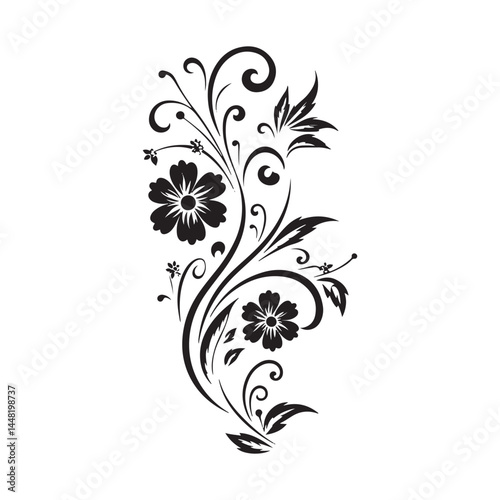 Black and white silhouette of a floral design with intricate swirling patterns, ideal for home decor.