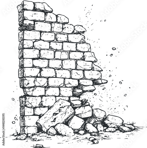 Hand-drawn sketch of a broken stone brick wall with rubble and debris on the ground