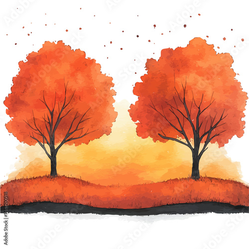 Fall Sunset Behind A Silhouette Of Trees, watercolor vector, isolated on a white background.