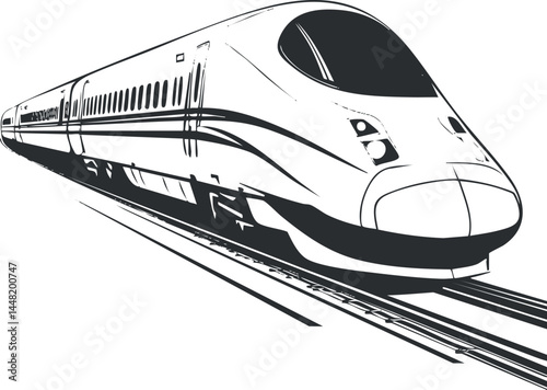 Black and white illustration of a modern high speed train on railway tracks for transportation and travel