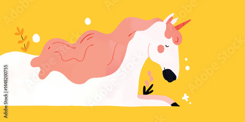 An adorable unicorn is laying on the ground, with its majestic pink hair and pointed horn in a vibrant display of fantasy.