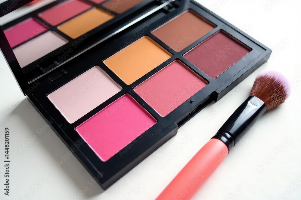 White background showcasing makeup palette and brushes, display, powder, still life White background showcasing makeup palette and brushes, display, powder, still life