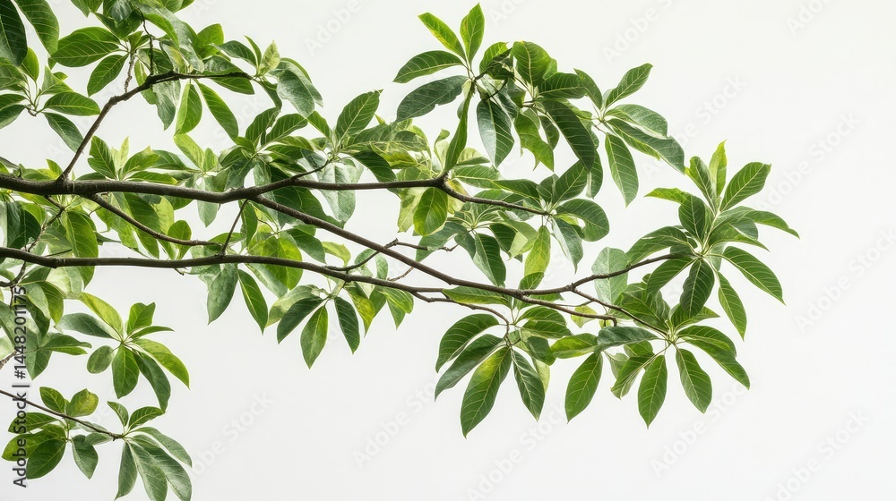 Fototapeta premium Tree of heaven branch isolated on white, compound leaf arrangement with central stem visible