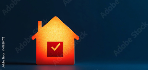 Secure home with bright check mark symbolizing safety, protection and peace of mind on dark blue background