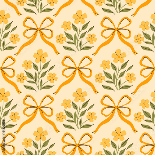 Seamless pattern with yellow flowers and yellow bows. Vector graphics.
