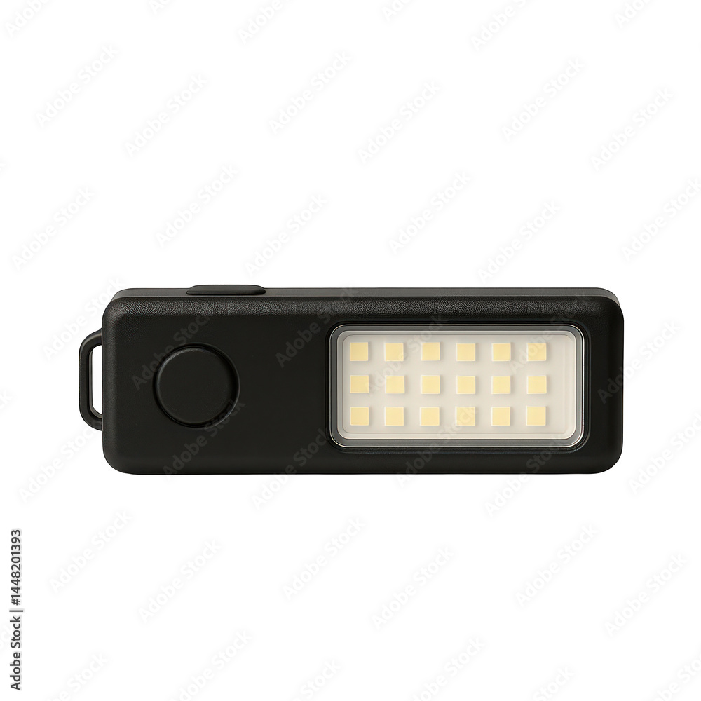 Sleek black portable LED light panel with a bright grid of square bulbs and a functional side button. Sleek black portable LED light panel with a bright grid of square bulbs and a functional side button.