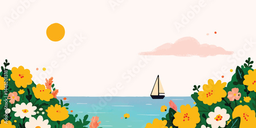 An inviting illustration unfolds a bright nautical scenery, where a sailboat leisurely journeys on the serene water, and lovely blooming flowers grace the foreground.