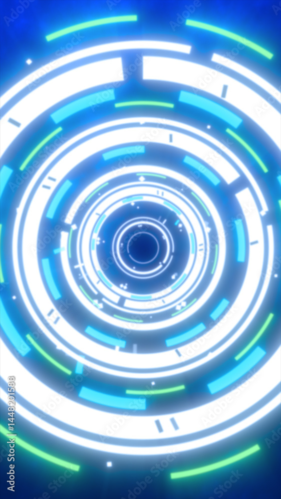 Abstract glowing digital interface with circular HUD elements in white, green, and blue against a deep blue background Abstract glowing digital interface with circular HUD elements in white, green, and blue against a deep blue background
