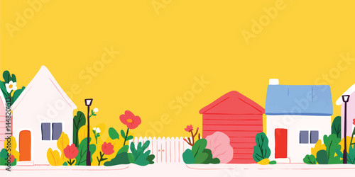 A vibrant street scene featuring colorful houses with blooming flowers and lush greenery creates a sense of idyllic charm and warmth.