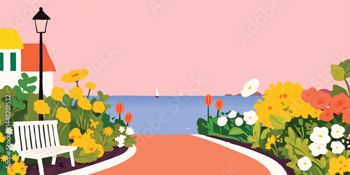 A vibrant coastal scene, where a flower garden and seaside view. A inviting inviting pathway draws your eye to the calm of the sea. A lovely atmosphere for relaxation.