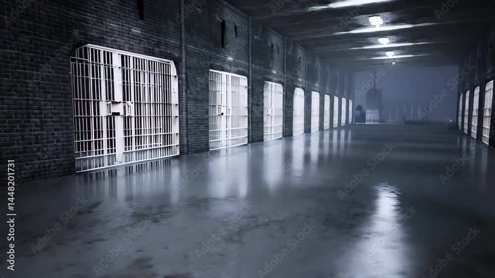 Empty futuristic jail corridor with polished floor and dim lighting
Empty futuristic jail corridor with polished floor and dim lighting
