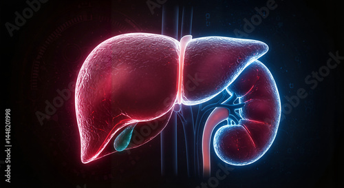 Glowing 3D human liver anatomy illustration, medical visualization, scientific background, copy space