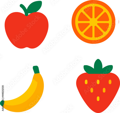 Colorful fruit vector icons for healthy food designs : Bright flat fruit icons set featuring apple orange banana and strawberry

