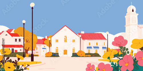 A quaint townscape painted in soft hues, evokes the peaceful charm of rural life. Charming architecture is on display, inviting viewers to experience tranquility.