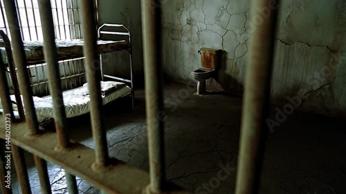 Abandoned prison cell with rusty bunk bed and stained toilet

