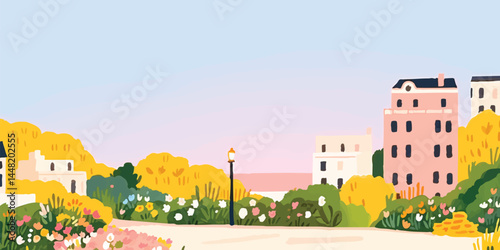 A picturesque illustration showcases a charming cityscape, with vibrant colors of buildings, lush greenery, and a soft sky, evokes a sense of peace and architectural elegance.