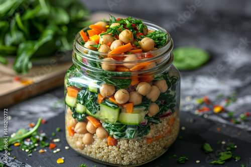 A nutritious and protein packed vegan snack, this mason jar quinoa salad with chickpeas, spinach, and veggies is perfect for clean eating and dieting, providing essential vitamins and promoting a heal