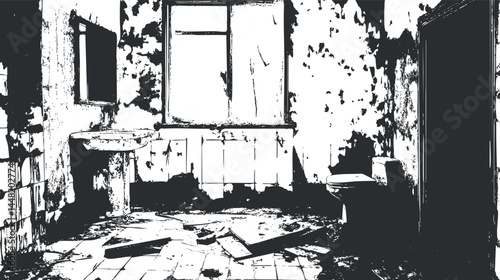 Abandoned and dilapidated bathroom interior with broken sink and toilet in ruins
