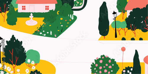 A vibrant illustration offers a picturesque landscape view with houses, trees, and floral elements. This colorful piece evokes the beauty of a suburban or rural setting, perfect for visual projects.