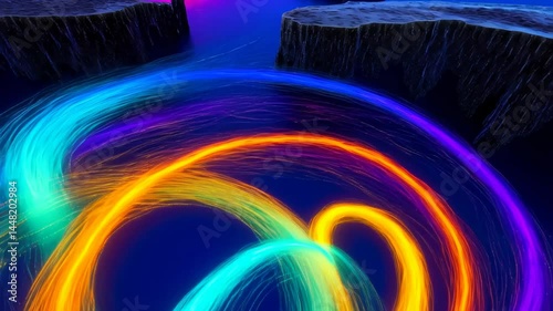 Vibrant fantasy landscape with glowing multicolored energy streams over deep canyons


