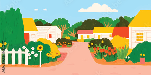 A vibrant illustration of a charming suburban neighborhood, with colorful houses and lush landscaping, evokes a sense of peacefulness and community living.