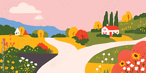 A captivating illustration showcases a picturesque landscape, featuring a winding road leading through a vibrant countryside scene.