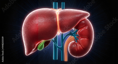Detailed 3D illustration of human liver and kidney anatomy, medical technology, glowing effect, copy space
