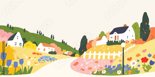 A serene village, nestled amidst rolling hills and vibrant flora, captures the essence of rural beauty, evoking feelings of tranquility.