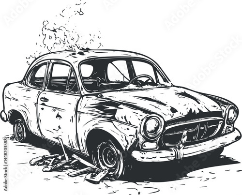 Black and white illustration of an old damaged car with flat tires and smoke coming from it representing an abandoned wrecked vehicle