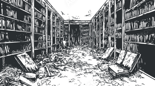 Black and white illustration of an abandoned dusty library room with books scattered and shelves filled with old books.