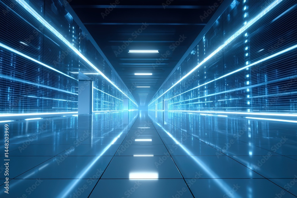 Futuristic hallway with illuminated blue lines in a high-tech environment set in a modern building Futuristic hallway with illuminated blue lines in a high-tech environment set in a modern building