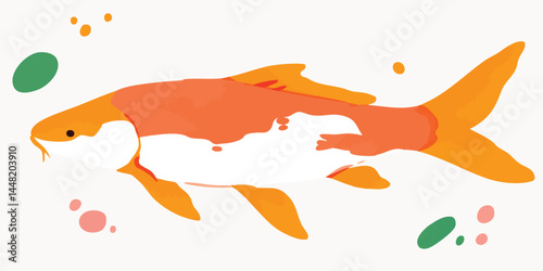 A vibrant illustration of a koi fish swimming gracefully, its colorful scales shimmering, with elegant flowing fins. The artwork captures the serenity and beauty of the aquatic world.