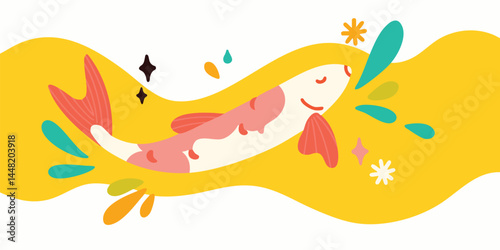 Koi fish swimming in yellow water, illustration, colorful, cute, vibrant.