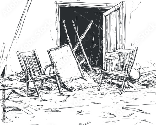 Black and white sketch of an abandoned room with broken chairs and debris scattered on the floor near an open door