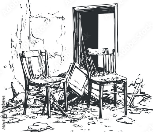 Black and white illustration of two old damaged wooden chairs among debris in a ruined abandoned room