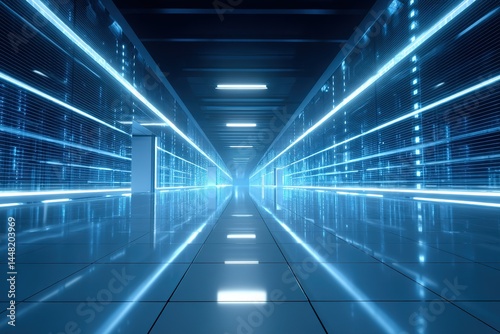 Futuristic hallway with illuminated blue lines in a high-tech environment set in a modern building