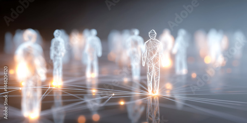 3D Managers as Glowing Figures Linked by Team Network Lines with Business Strategy Icons Floating photo